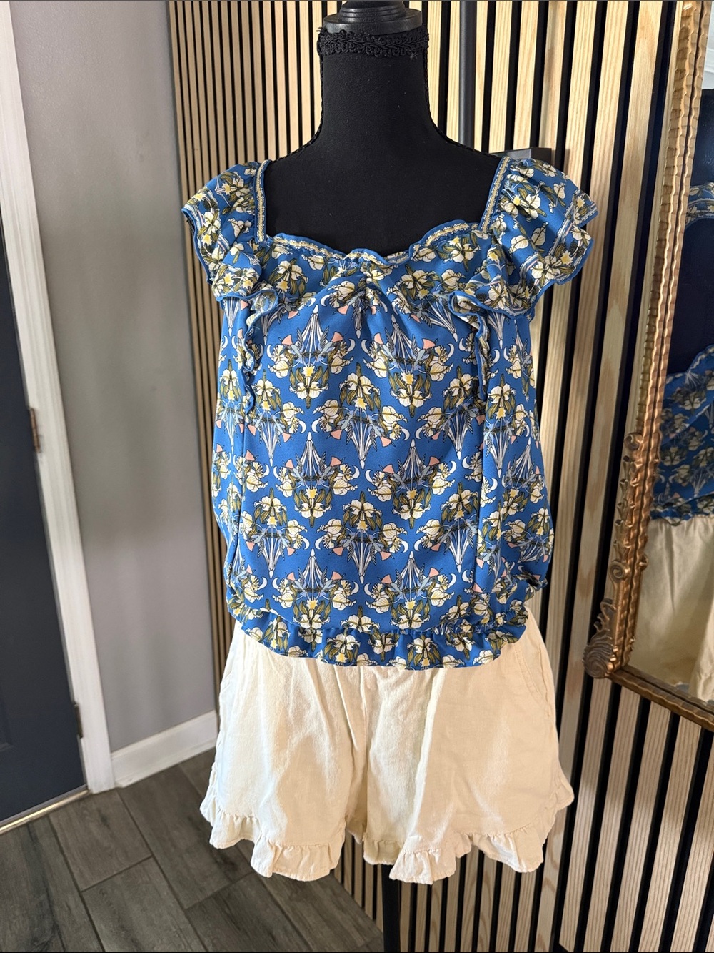 Max Studio Blue Floral Ruffle-Neck Blouse
